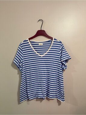 Pact Blue and White Striped V-Neck Tee Woman’s Size XXXL